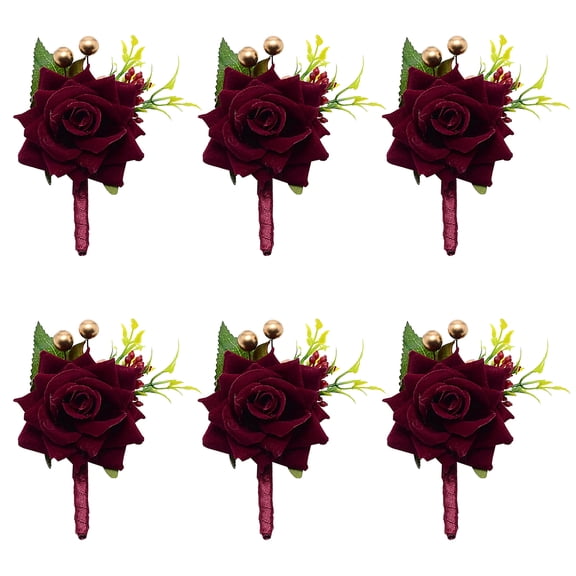 6pcs Wedding Boutonniere Wine Red Rose Corsage Buttonhole Flower Groom Groomsman Best Man Wedding Flowers Accessories for Groom Groomsmen Prom