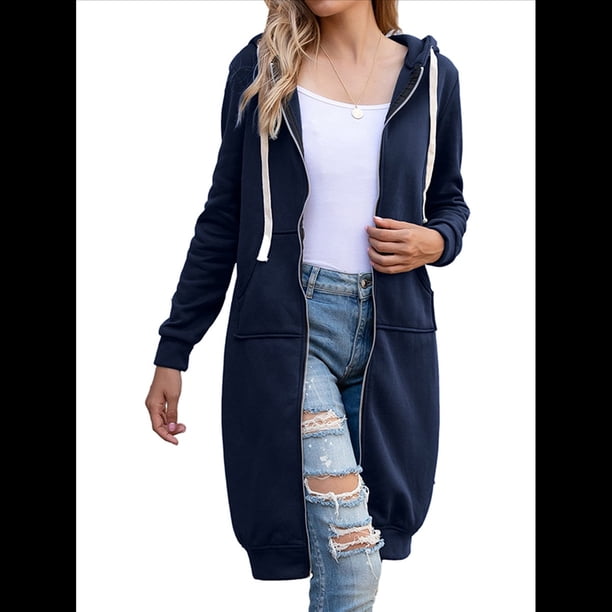 Sudadera con Capucha y Cremallera para Mujer, Chaqueta Informal de Larga para Otoño, Chaquetas Largas de Otoño con Bolsillos, Túnica Azul Marino XL