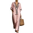 thumbnail image 2 of BRELIL Women Plus Size Two Piece Sets V Neck Short Sleeve Shirt Wide Leg Long Pants Casual Lounge Solid Boho Vacation Travel Outfits Fall Summer Tracksuit, Pink 2XL, 2 of 9