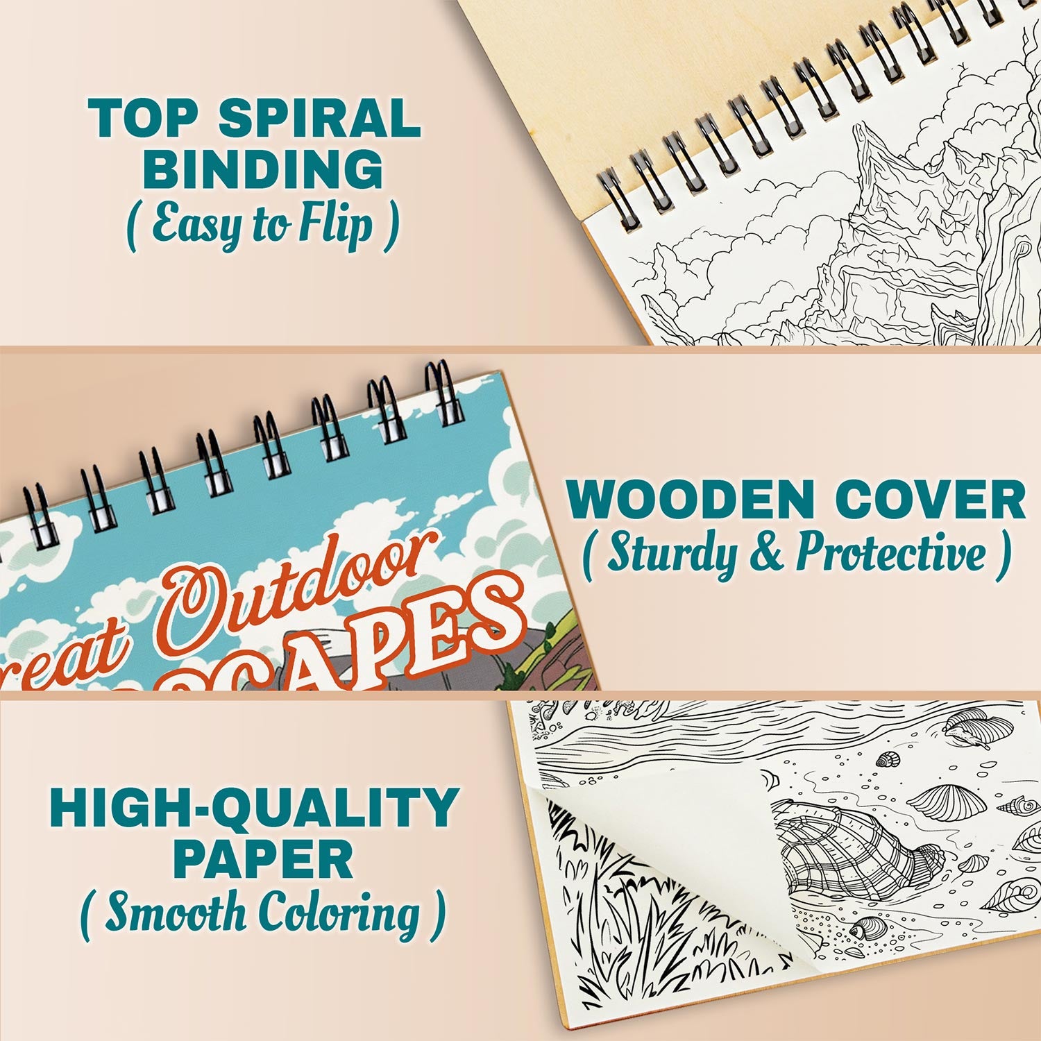 Netecom Great Outdoor Landscapes Coloring Book Spiral Bound for Adults, A5 Wooden Cover, 30 Majestic Coloring Pages of Wild Nature Scenes for Stress Relief and Relaxation