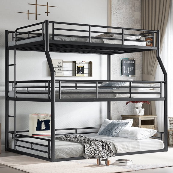 Black Full XL over Queen over Queen Bunk Bed, Metal Triple Bunk Bed with Safety Guardrails, Heavy-duty Bunk Bed with Noise-reduced Design