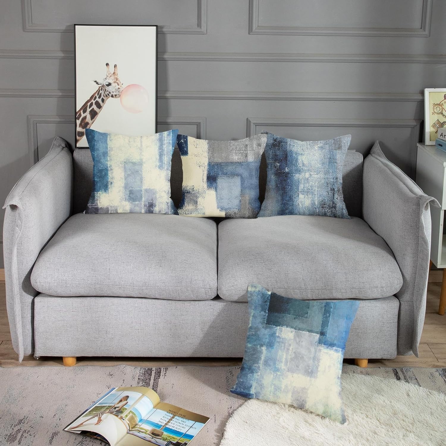 Set of 4 Throw Pillow Covers 20x20 Inch Blue and Grey White Artwork Contemporary Decorative Gray Cushion Cases for Sofa Bedroom Car Decor Add an Elegant Touch with Modern Artistic Design