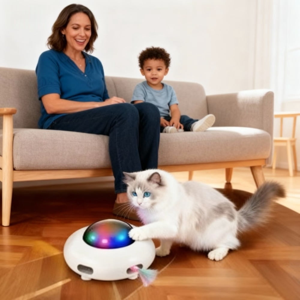 NORVESSA UFO Interactive Cat Toy, Automatic Moving Feather Teaser with 3 Speed Modes, USB Rechargeable Indoor Cat Exercise Toy
