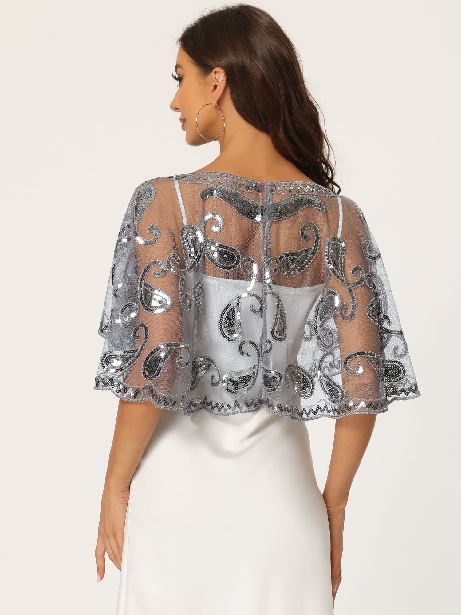 DARING DIVA  Women's Sequin Beaded Shawl Wraps Cape Bridal Shrugs Boleros M Gray