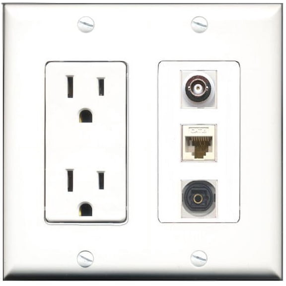 RiteAV - 15 Amp Power Outlet 1 Port Toslink 1 Port BNC 1 Port Cat6 Ethernet Ethernet White Decorative Wall Plate