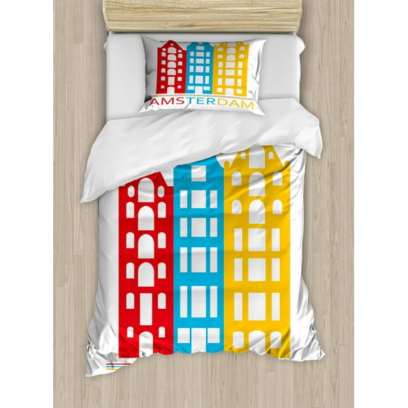 Amsterdam Duvet Cover Set Twin Size, Amsterdam Wording with Long Symbolic Building, Decorative 2 Piece Bedding Set with 1 Pillow Sham, Sky Blue Earth Yellow Dark Coral White, by Ambesonne