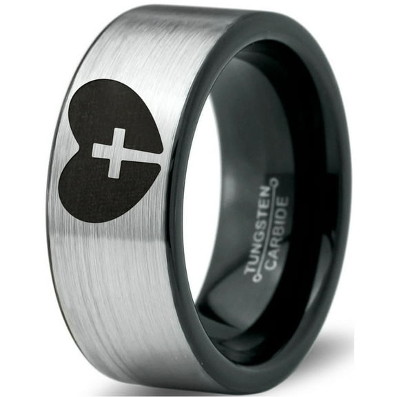Tungsten Religious Cross Heart Love Band Ring 8mm Men Women Comfort Fit Brushed Gray Flat Cut Black Polished