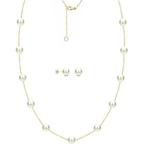 ADDURN 6mm x 7mm White Cultured Freshwater Pearl 14kt Yellow Gold over Silver Station Necklace and Matching Earring Set, 18" with 2" Extender