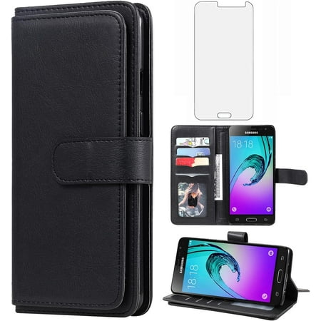 Compatible with Samsung Galaxy J3 2016/J 3 V/J36V/Sky/Amp Prime Wallet Case and Tempered Glass Screen Protector Flip Cover Card Holder Cell Phone Cases for Glaxay Sol J3V JV3 J36 6 J320V J320A Black