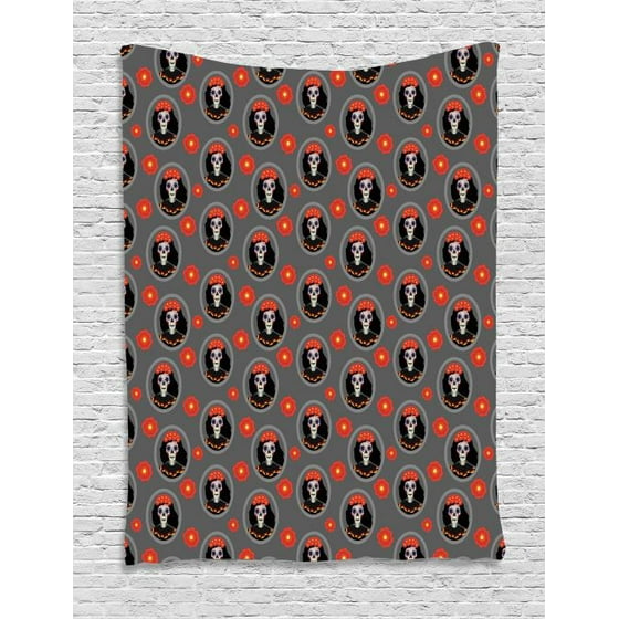 Sugar Skull Tapestry Dia De Los Muertos Calavera Katrina Portraits Sugar Skull Tapestry Dia De Los Muertos Calavera Katrina Portraits In Oval Shaped Frames Wall Hanging For Bedroom Living Room Dorm Decor 60w X 80l Inches