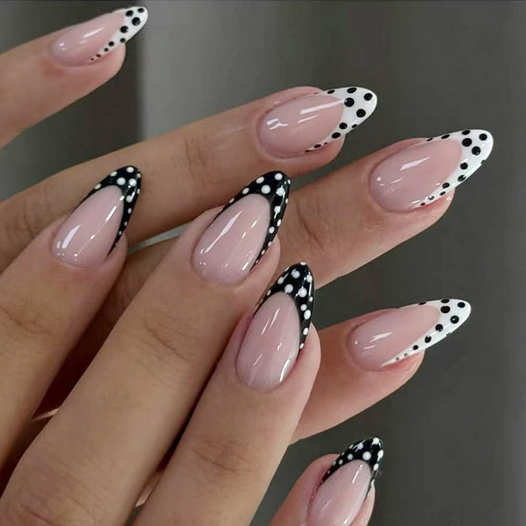 24PcsABS Press On Nails Minimalists French Manicure Polkas Dots Patterns Quickly Art False Nails For Busy Ladies