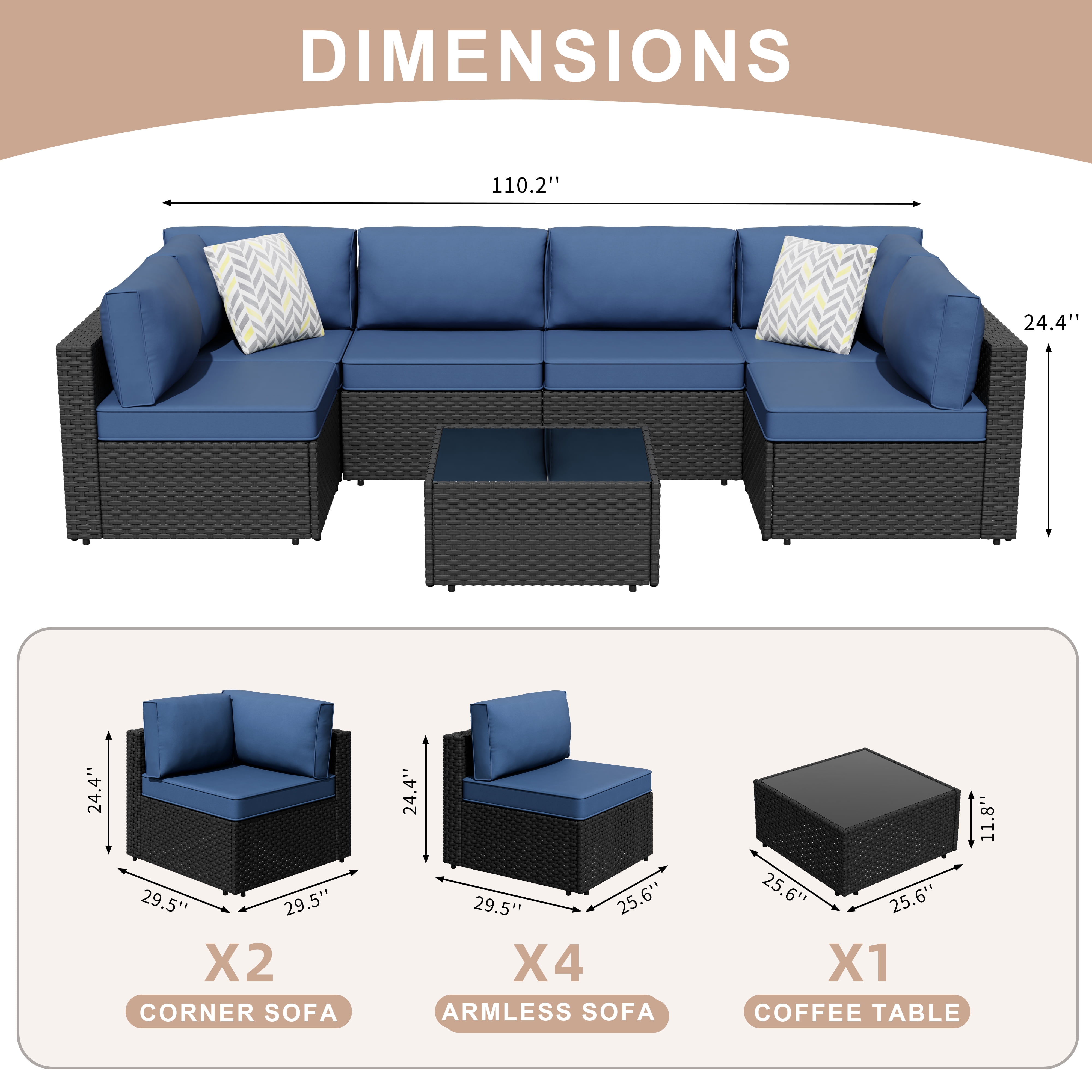 Walsunny 7 Pieces Patio Conversation Set, All-Weather Rattan Wicker Patio Furniture Sets with 6 Chairs and 1 Coffee Table, Washable Couch Cushions,Black Rattan Navy Blue Cushions