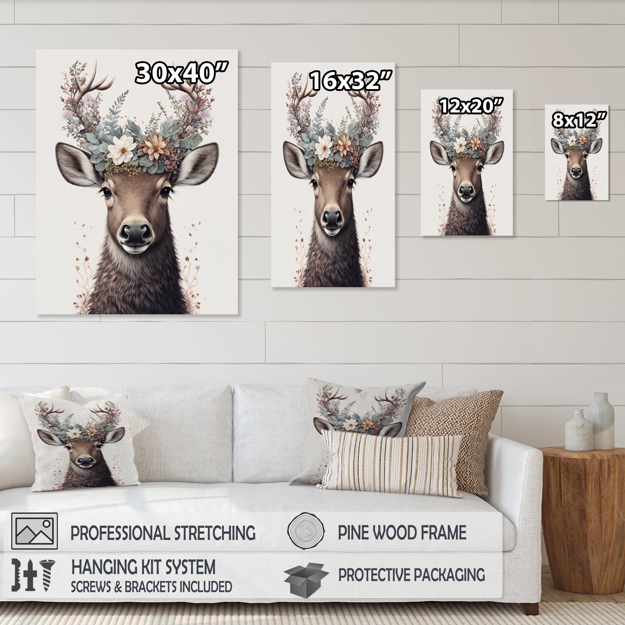Designart Cute Baby Caribou With Floral Crown II Canvas Wall Art