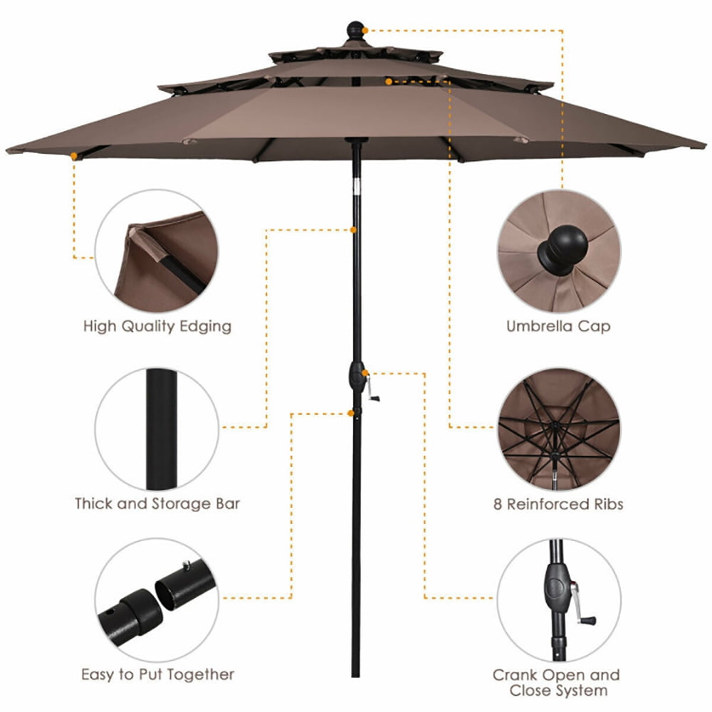 Aimee Lii 10ft 3 Tier Patio Umbrella Aluminum Sunshade Shelter Double Vented without Base, Sunbrella Patio Umbrellas, Tan Aimee Lii 10ft 3 Tier Patio Umbrella Aluminum Sunshade Shelter Double Vented without Base, Sunbrella Patio Umbrellas, Tan