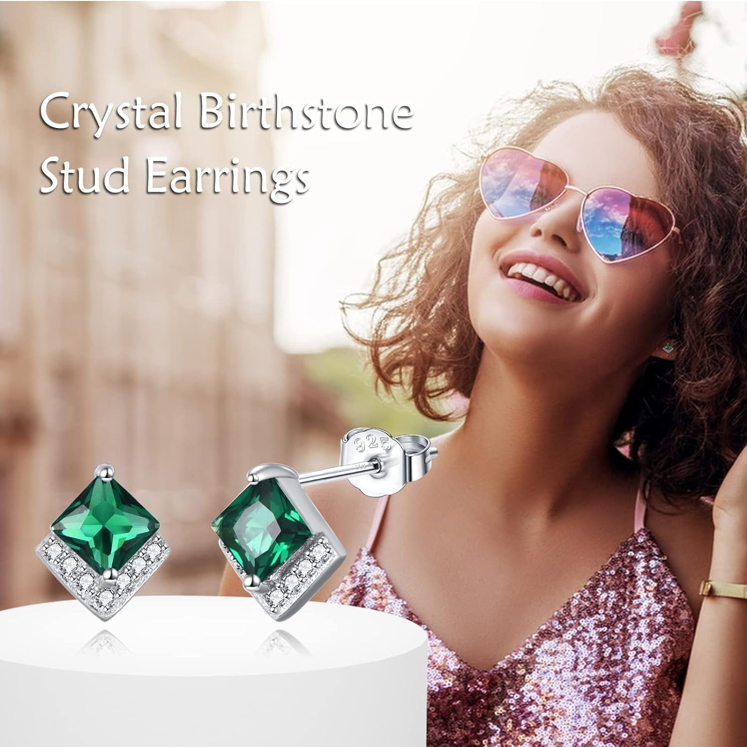 Birthstone Stud Earrings Sterling Silver Square Created Emerald Bright Green Crystal May Earrings Cubic Zirconia Piercing Jewelry Small Gifts for Women Mothers