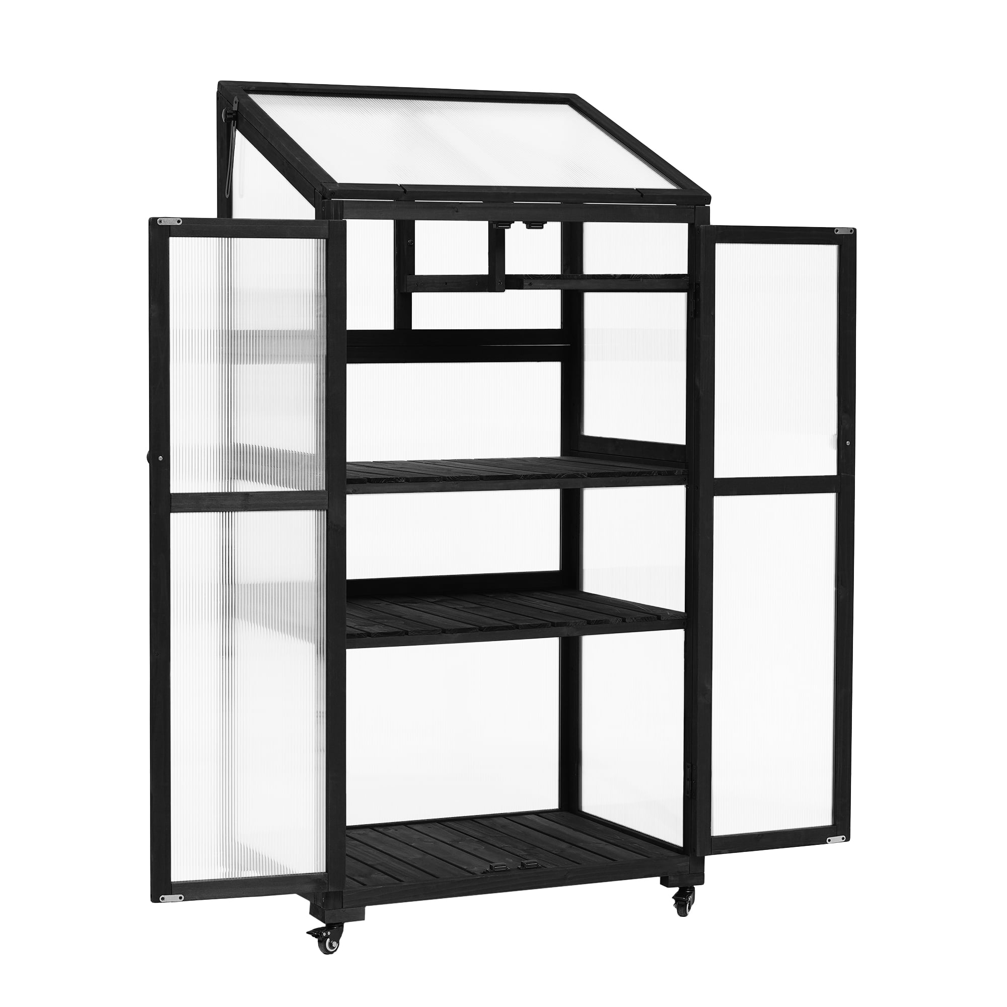 Yoneston 62inch Height Wood Large Greenhouse Balcony Portable Cold Frame with Wheels and Adjustable Shelves Plants House for Outdoor Indoor Use, Black