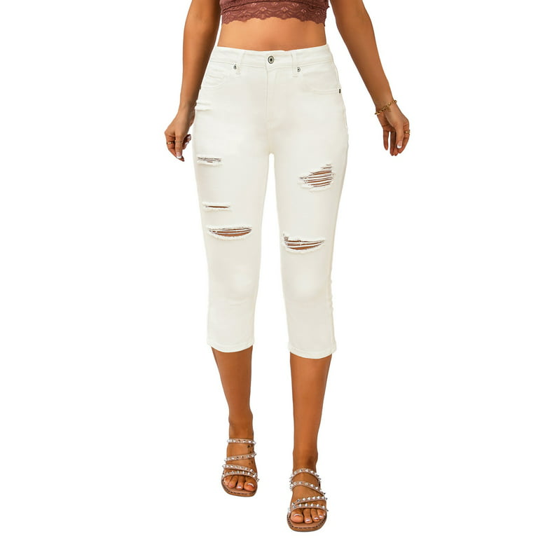 Vetinee Women's High Rise Capri Jeans Ripped Skinny Fit Capri Pants Clean  White Size M 