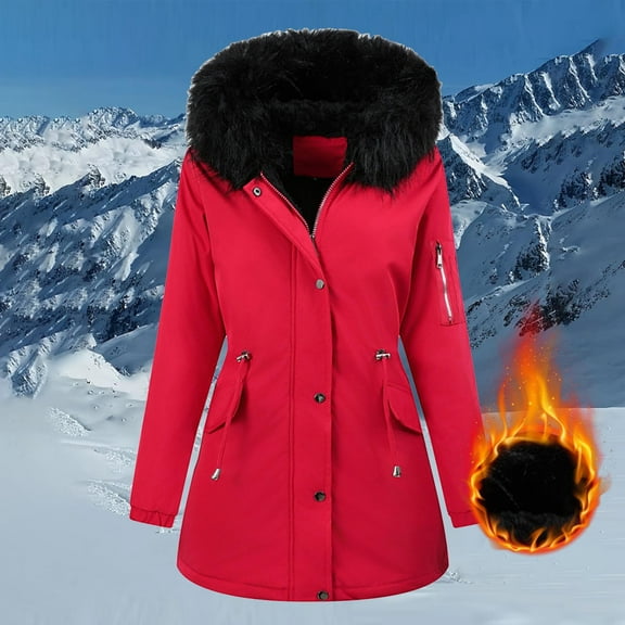 FDGIU 2025 Women's Heavy Winter Parka - Sherpa Lined Thickened Heavy Coat, Mid Length Windproof Jacket with Faux Fur Hood