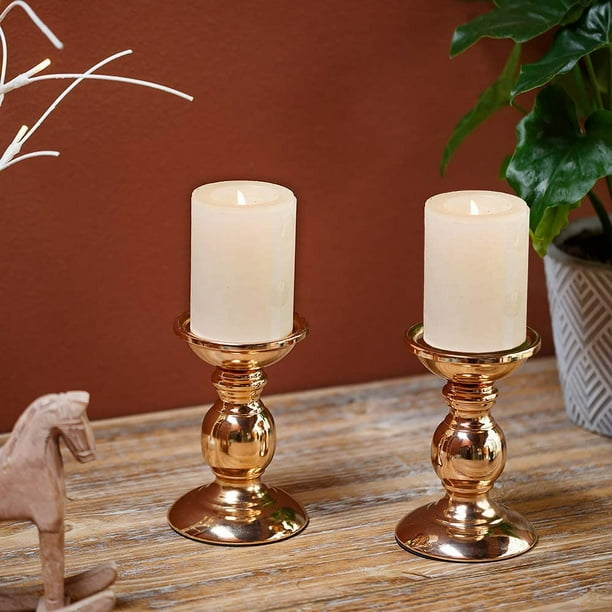 Pillar Candle Holders Set of 2 Gold/Silver/Bronze/Black Candlestick Metal  Flameless Candlestick Holders Stand Centerpieces Decoration Ideal for