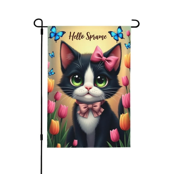 Spring Kitty Garden Flag Double Sided 12x18 Inch Outdoor Yard Decor Cute Cat With Bow And Tulips Spring Summer Seasonal Welcome Banner Farmhouse Style