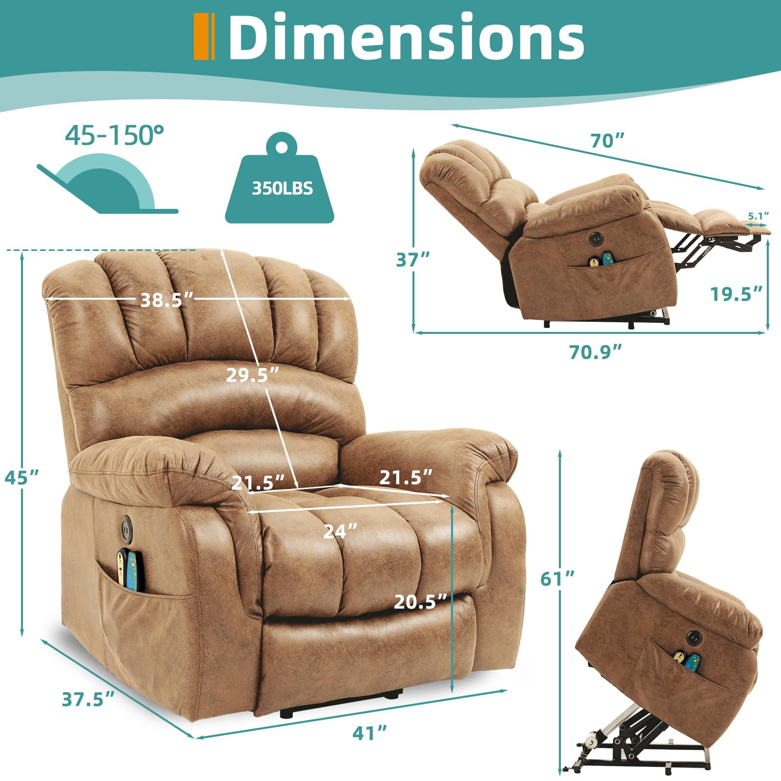 MEETWARM Large Power Lift Recliner with Side Pocket and USB Ports, Sand