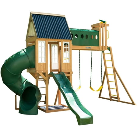 KidKraft Skyway Wooden Outdoor Swing Set with Slides and Tunnel