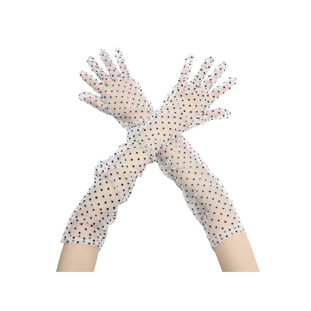 Guantes de malla de lunares para mujer, guantes de tul de organza extra largos, 1 par, talla única, puntos blancos y negros