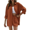 thumbnail image 1 of Liacowi Women 2 Piece Outfits Solid Color Loose Long Sleeve Shirt Elastic Shorts Casual Loungewear, 1 of 6