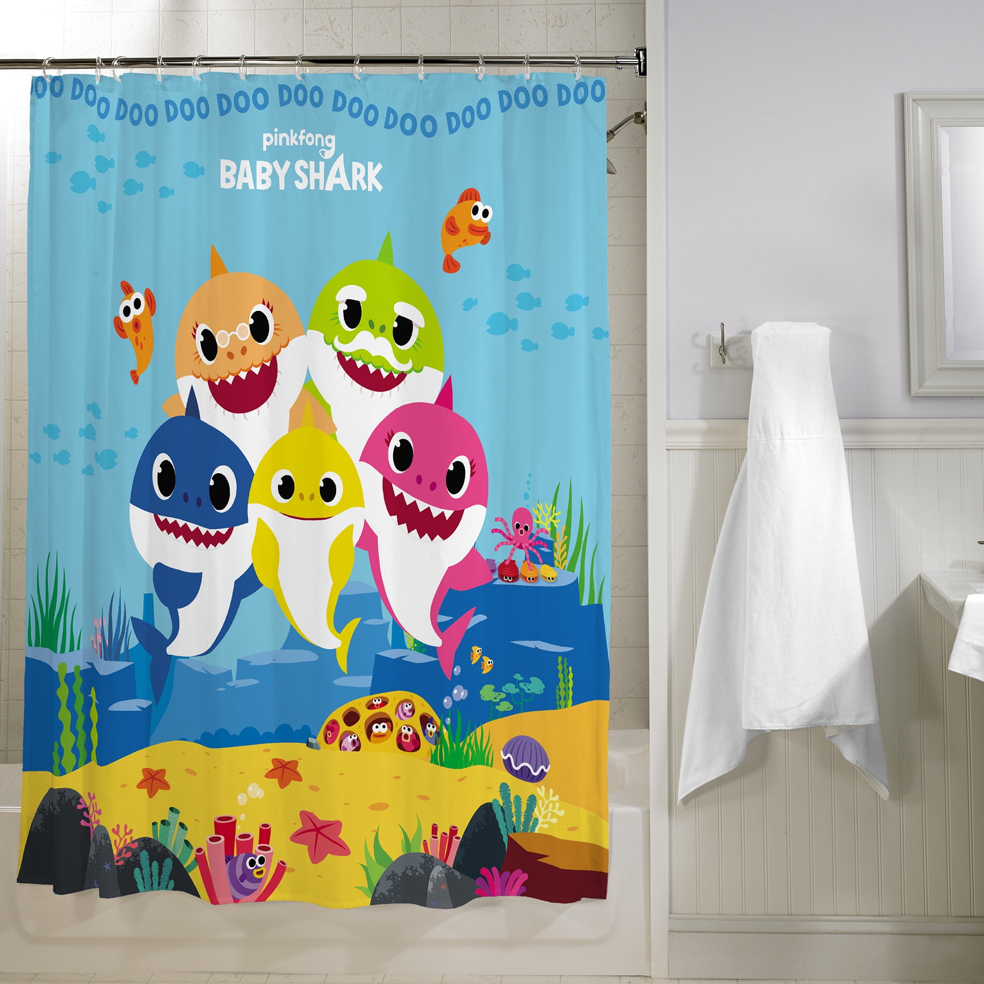 Nyngei Cartoon Baby Shark Happy Birthday Waterproof Fabric Shower Curtain Set Bathroom 183X183CM