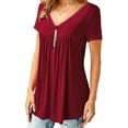 thumbnail image 2 of Liher Women Tunic Tops V Neck Short Sleeve T-shirts Zipper Loose Fit Summer Blouse Wine Red Tee Shirts Clothes Size L, 2 of 3