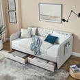 thumbnail image 2 of Stylish Upholstered Daybed with Trundle Bed and Storage Drawers, Extends with Flat Arms and Storage Pocket, Linen Beige, Twin Size, for Bedroom or Living Room, 2 of 8