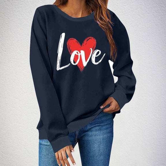YueHuiYing Women's Oversized Hoodless Sweatshirt with Red Heart Pattern Print Crew Neck Long Sleeve Spring/Summer Valentine's Day Casual Versatile Top