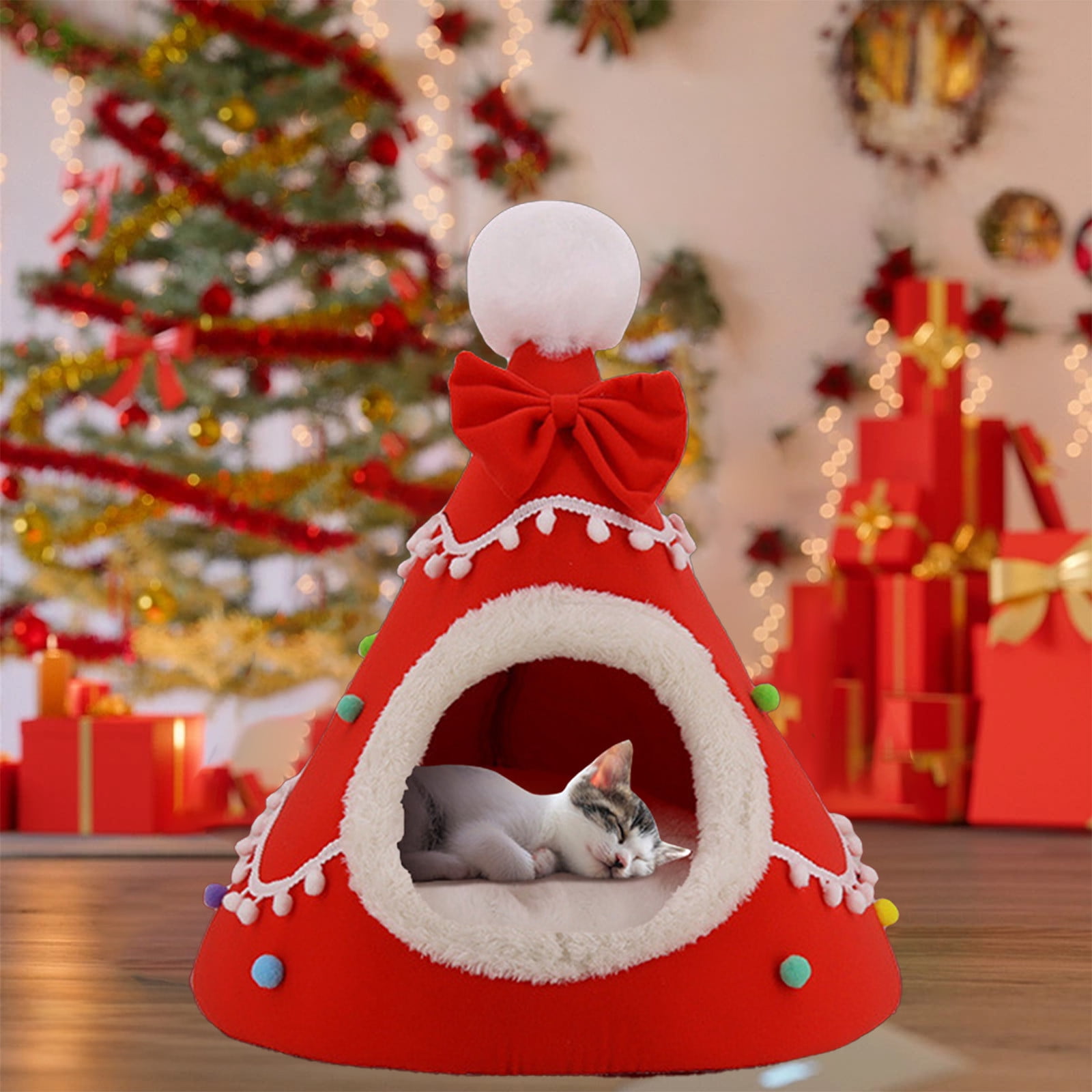 Nebwoak Soft Nest for Dog and Cat Christmas Candy Pet Bed Pet Villa Kitty Bed Dog Bed Winter Warm Cats Bed Yurt Pet Houses Pet Tent House