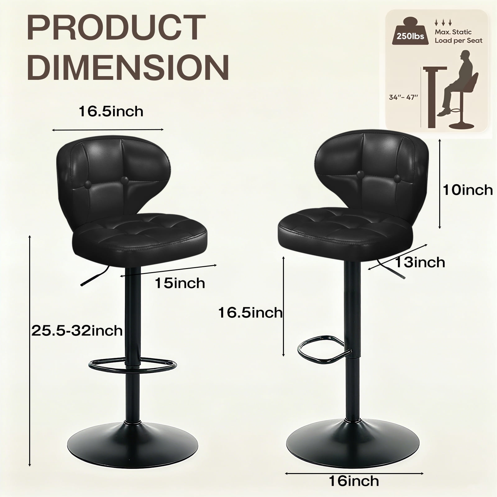 Bar Stools Set of 2, Adjustable Swivel Bar Chairs with 360° Rotation, Padded Counter Stools with Back and Footrest for Kitchen Island, Bistro, Cafe, and Home Use