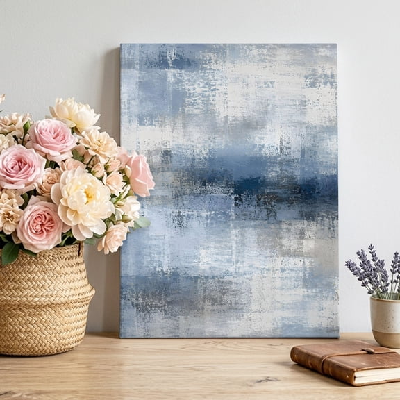 Abstract Texture Canvas Wall Art, Modern Denim Blue Gray Blotted Watercolor Fields Framed Canvas Wall Decor Picture Print Artwork Decorations for Living Room Office Ready to Hang 24" x 18"