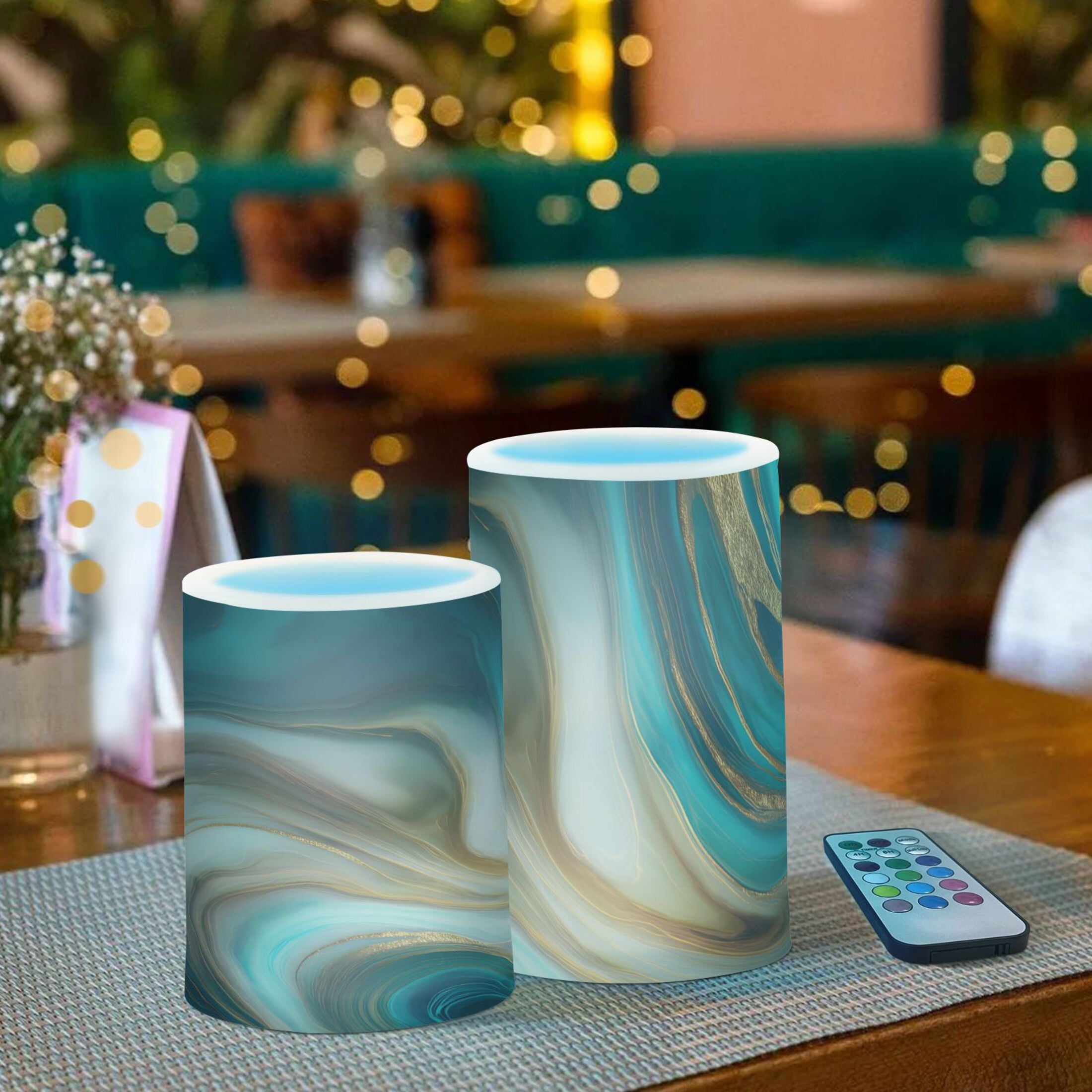 Blue Teal Gold Background Texture Flickering Flameless Candles Battery Operated with Remote Timer LED Pillar Candles Set of 2