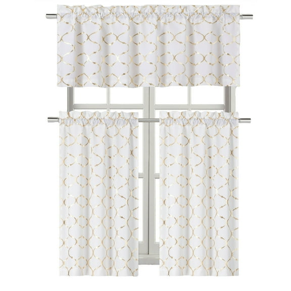 Metallic Lattice Clover Ultra Luxurious Complete Kitchen Curtain Tier & Valance Window Curtains Set - Gold