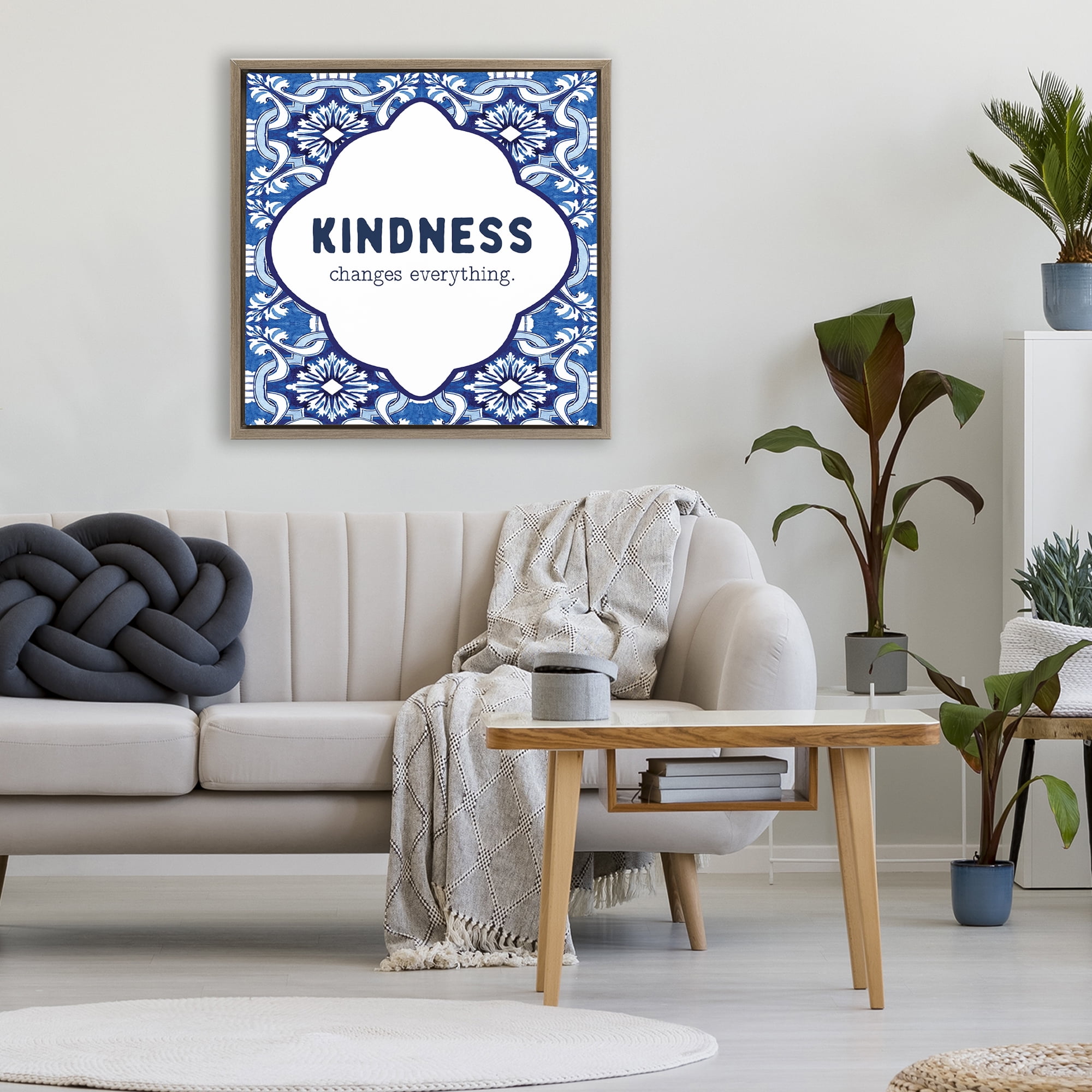 Patterned Kindness Changes Everything Brown Framed Floater Canvas Wall Art, design by Lettered and Lined