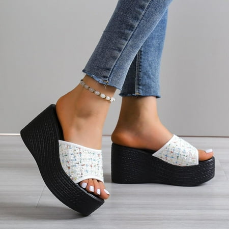 

Women s Open Toe Platform Wedge- Beach High Heel Thick Sole Casual Sandals White Size 6