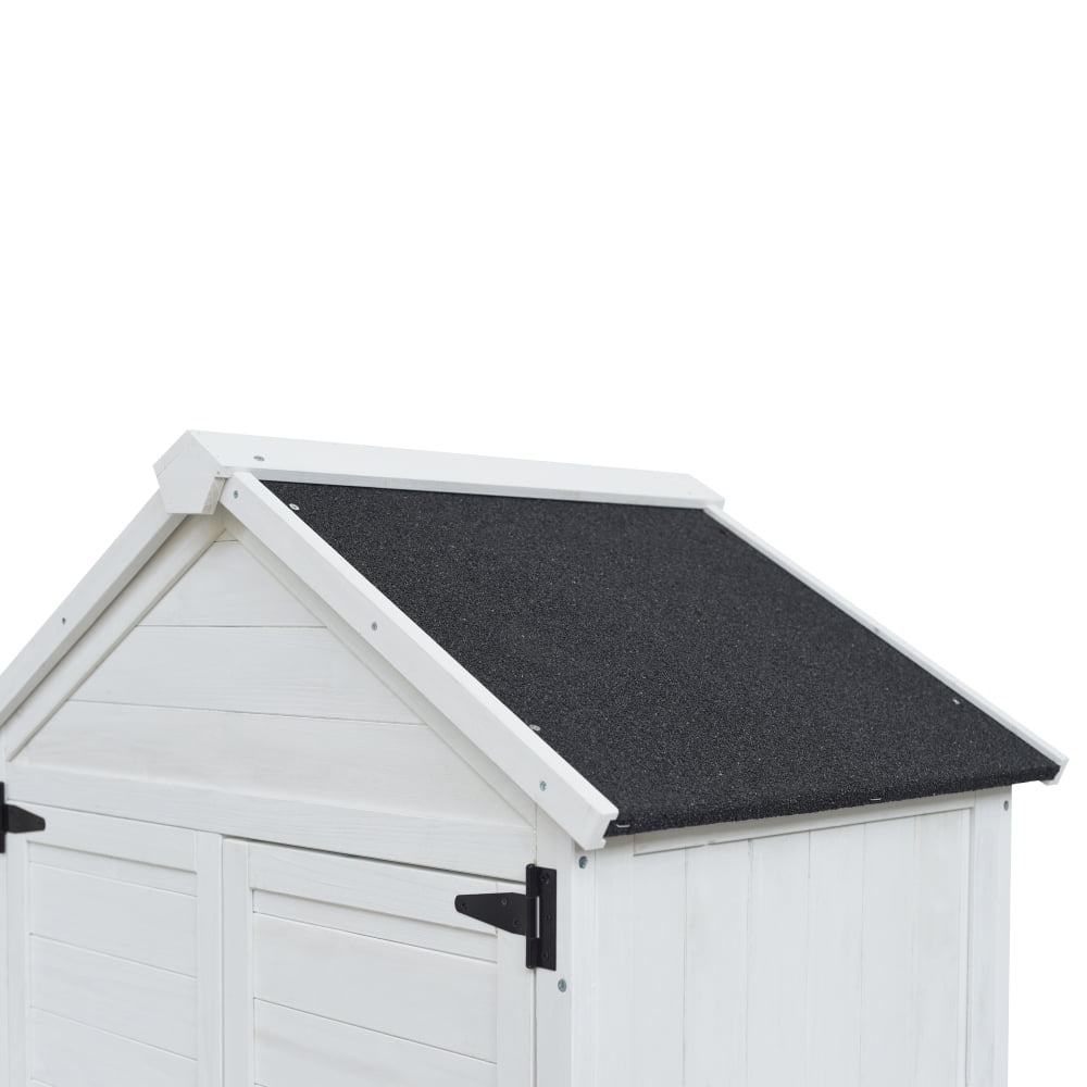 Spacious White Fir Wood Storage Shed, 67-Inch Tall with Dual Doors, Triangular Roof, and 4 Interior Compartments for Organized Garden Tool Storage