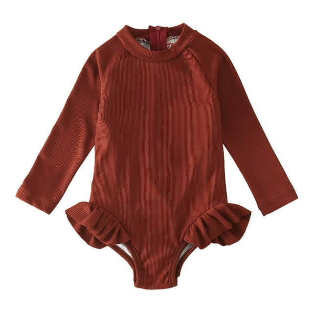 Hiiyo Toddler Girls Long Sleeve Zip-Up Rash Guard Ruffle Solid UPF 50+ One-Piece Swimsuit