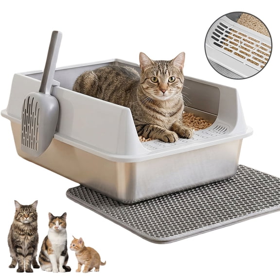 Topchances Extra Large Stainless Steel Litter Box for Big Cats, High Sided Metal Cat Litter Box, Easy Clean Litter Pan with Scoop & Mat, 23.6 × 15.7 × 5.9 inches (Gray)