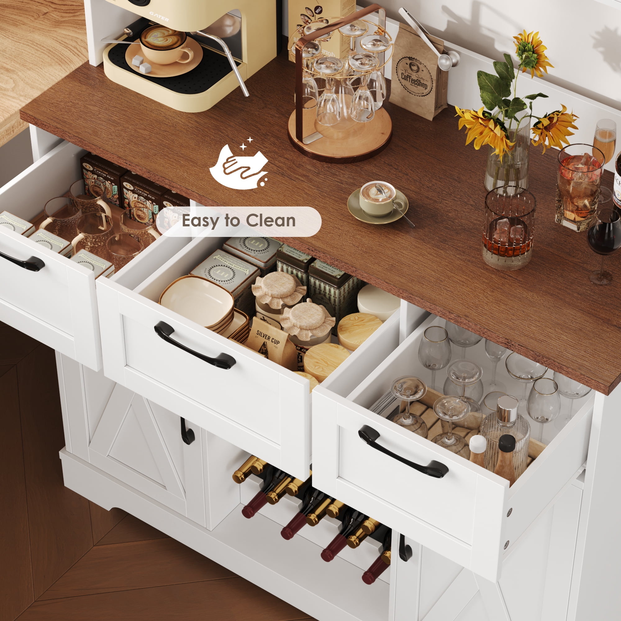 Homfa 71'' Tall Wine Bar Cabinet with Storage Hutch & 3 Drawers, Farmhouse Coffee Bar Cabinet Wine Rack with Adjustable Shelves for Kitchen Dining Room, White