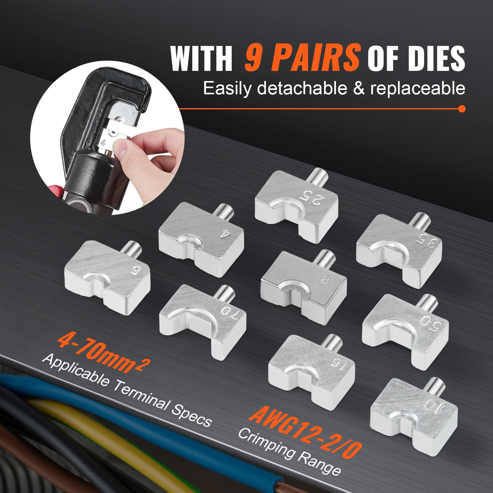 VEVOR Hydraulic Crimping Tool with 9 Sets of Dies AWG12-2/0 Copper And Aluminum Terminal Battery Lug Crimper, with a Cutting Pliers, Gloves, 5pcs Copper Ring Connectors, 8pcs Heat Shrink Sleeves