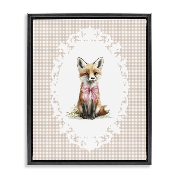 Stupell Industries Vintage Bow Fox on Gingham Black Framed Floater Canvas Wall Art, design by Christine Simpson Art
