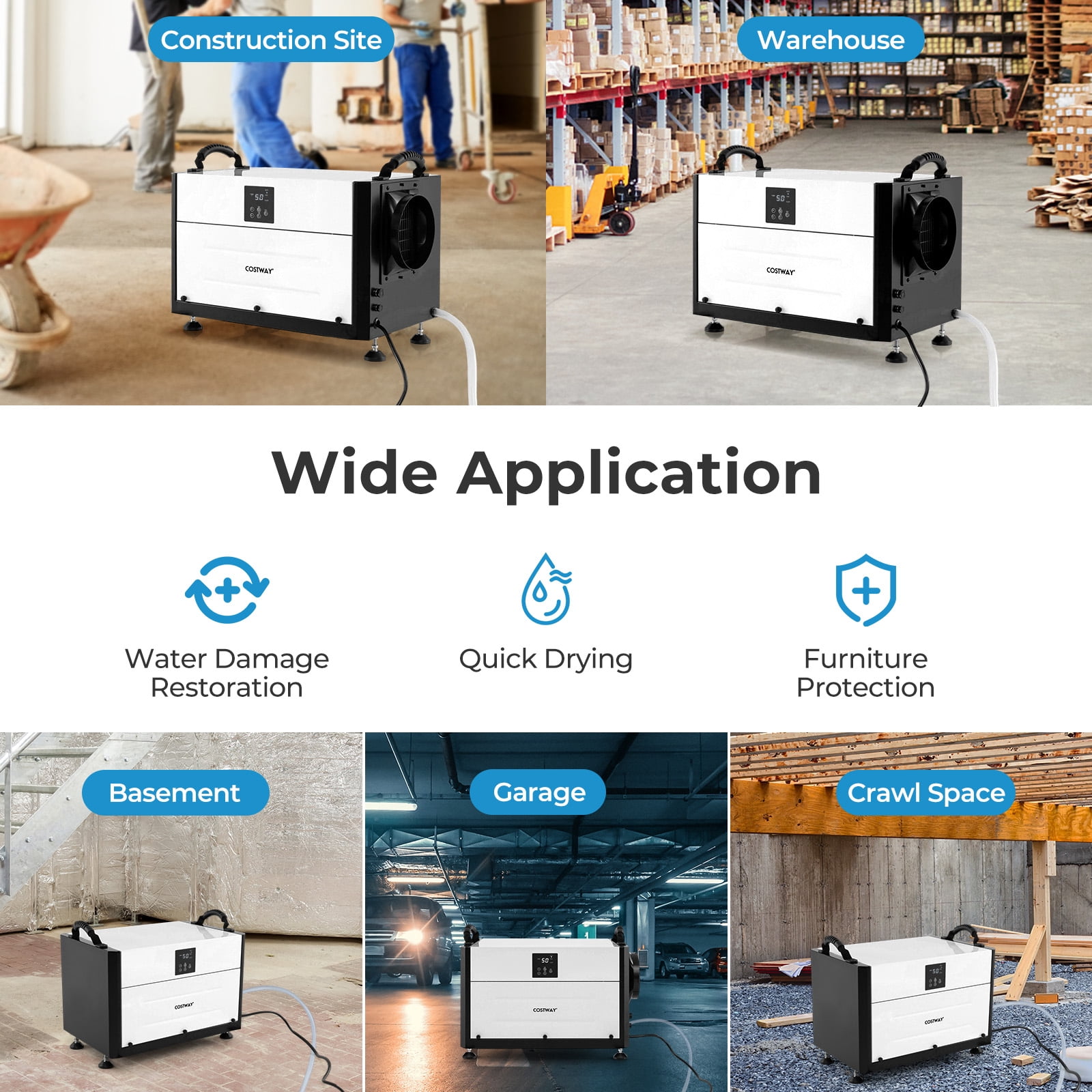 Costway 57 Pint(DOE) Crawl Space Dehumidifier Commercial Dehumidifier with 3 Modes & 24H Timer 1,900 Sq. ft Coverage Area White (MAX 155Pint at 95°F, 90%RH)