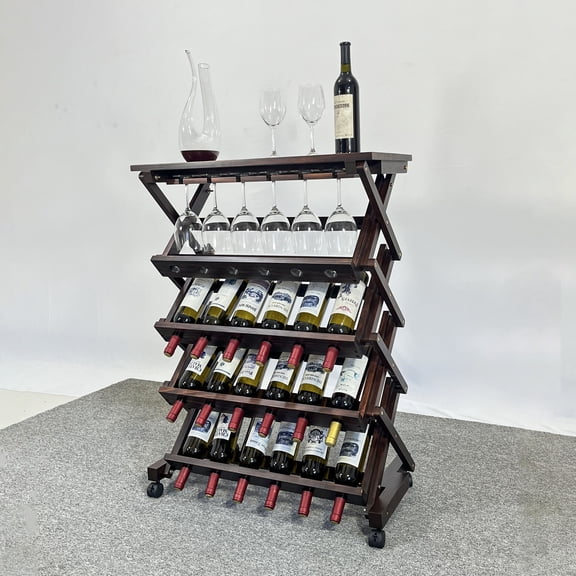 26-Bottle Freestanding Wine Rack, Wooden Wine Rack Storage Shelf with Wood Top, Wine Racks Free Standing Floor Display Rack for Kitchen, Pantry, Cellar, Walnut