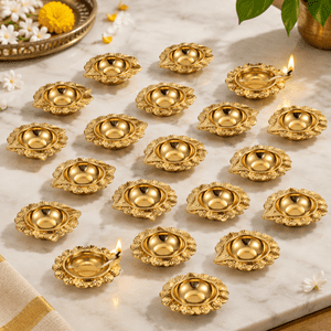 20 Floral Brass Pooja Diyas 2.1 x 0.67 Inches Diwali Ceremony Decor