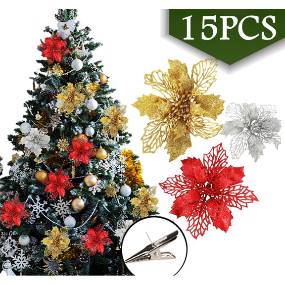 Christmas Tree Ornaments Decorations Flower Picks Artificial Poinsettia with Stems Clips Gold Silver Red 15 Pcs