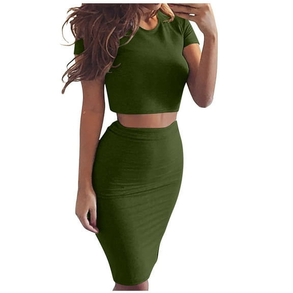 Summer Plus Size Two Piece Outfits for Women Fashion Solid Color Round Neck Short Sleeve Add Wrap Buttocks Skirt
